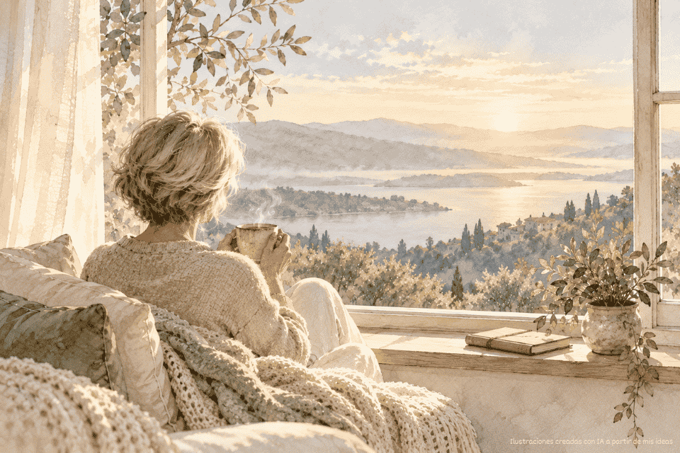 Persona de espaldas tomando té junto a una ventana al amanecer