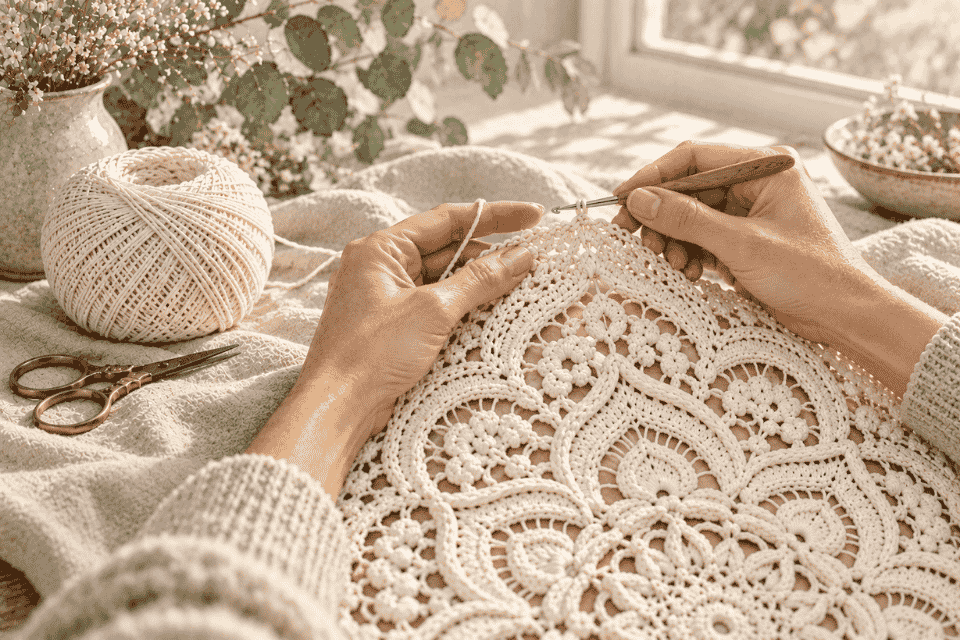 Manos tejiendo un mandala de crochet junto a una ventana