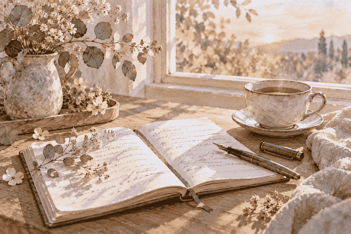 Cuaderno abierto con pluma, taza de té y flores secas sobre una mesa de madera.
