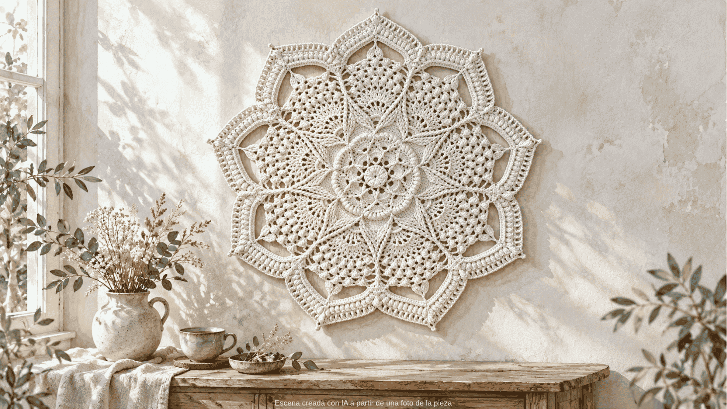Mandala de crochet de nueve puntas en una pared clara, con la luz de la mañana proyectando sombras suaves sobre sus relieves.
