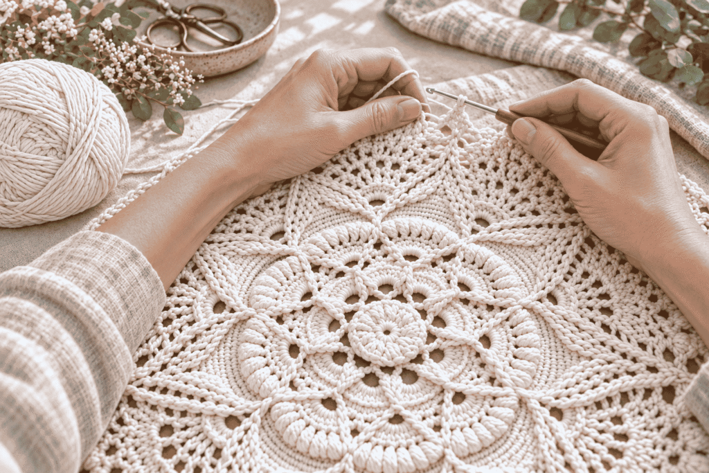Manos tejiendo el centro de un mandala de crochet en overlay, con los relieves concéntricos en capas.