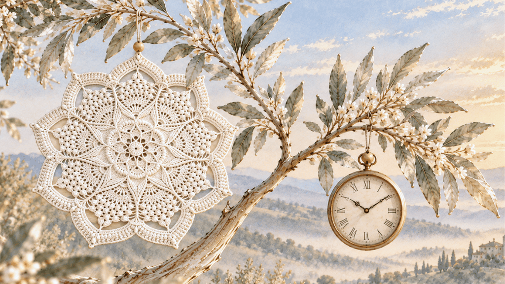 Ilustración de una rama de olivo que se divide en dos: de una cuelga el mandala de crochet Lotus Quiet, de MPCrochet, y de la otra un reloj de bolsillo.