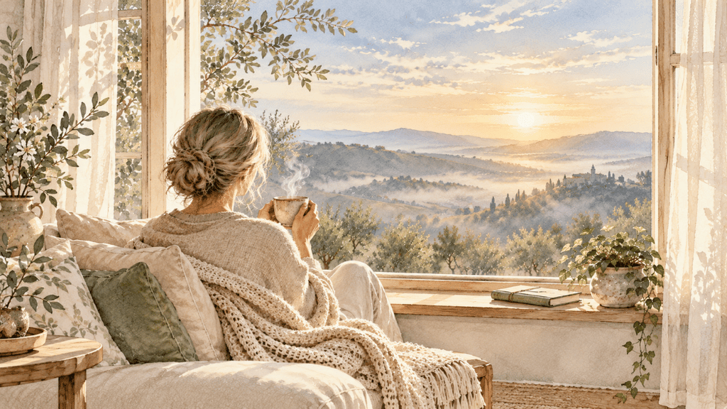 Mujer de espaldas tomando té junto a una ventana abierta sobre un paisaje de colinas al amanecer