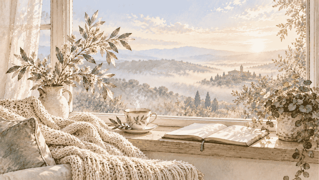 Ventana abierta sobre un paisaje de colinas al amanecer, con una taza de té, un libro abierto y una manta de punto.